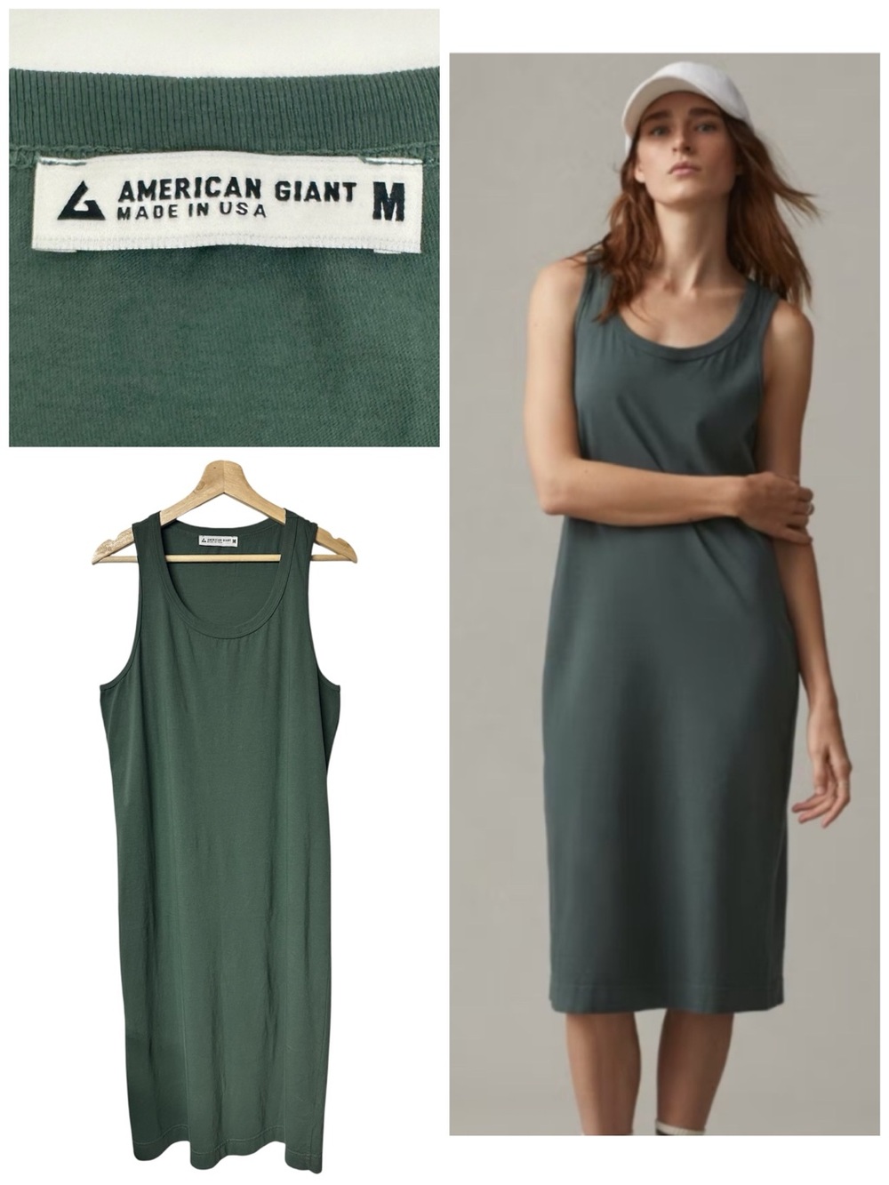 American Giant Racer Tank Midi Dress Dark Balsam Green Sleeveless Casual Cotton